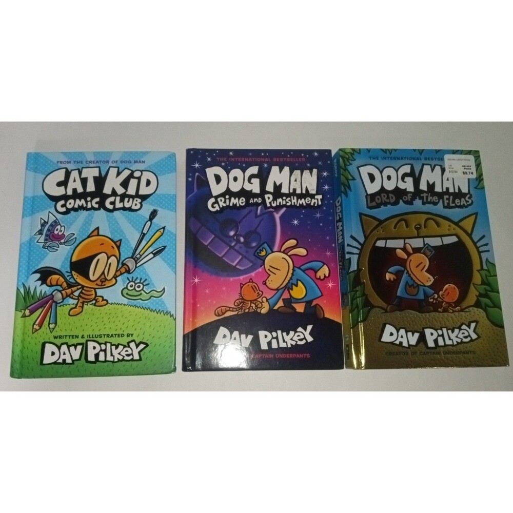 Dog Man Cat Kid Books - Lot of 3- By Dav Pilkey.  New and Pre owned